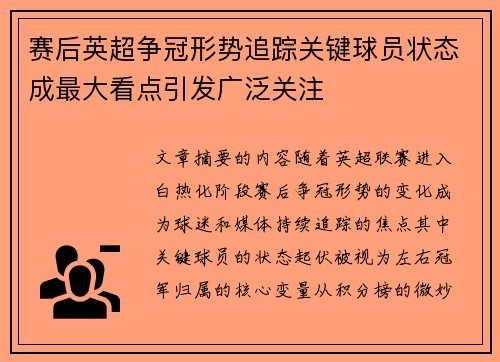 赛后英超争冠形势追踪关键球员状态成最大看点引发广泛关注